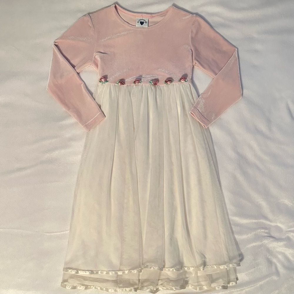Vintage Hartstrings Long Dress Girls 6 Pink Velvet Cream Tulle Long Sleeve Roses